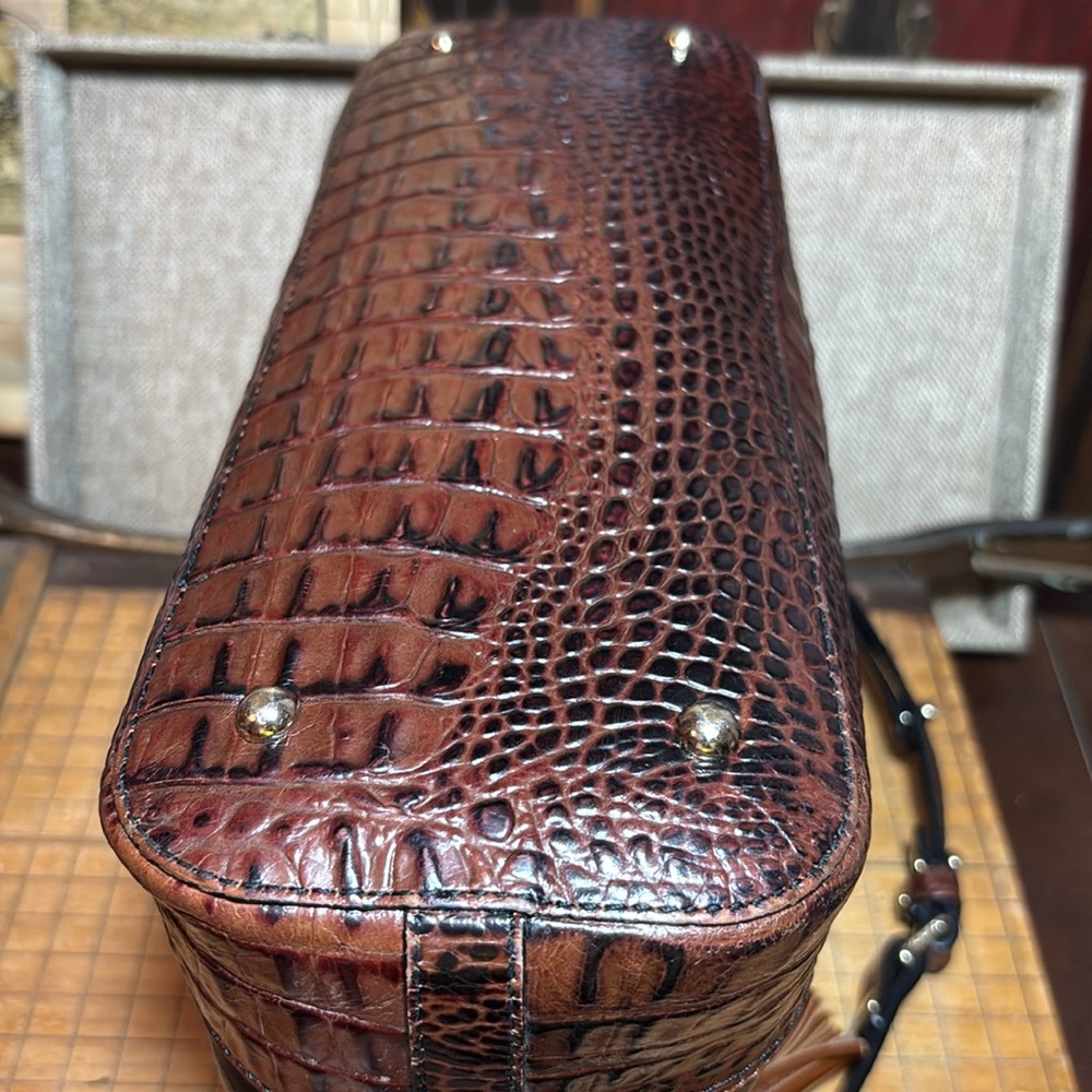 Brahmin Leather Mini Tote Black Pecan Croc Tan w Adj Strap 13”Wx7.25”Hx4.5”W - Picture 9 of 17
